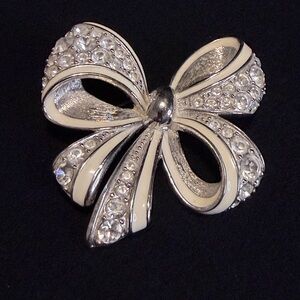 Nolan Miller Silver Tone Bow Brooch with Clear Crystals